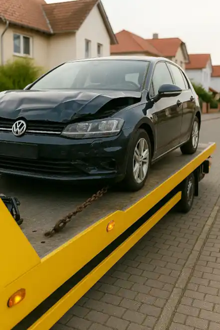 Defektes Fahrzeug wird zum Autoankauf in Leonberg abgeschleppt, um den besten Preis zu erzielen.